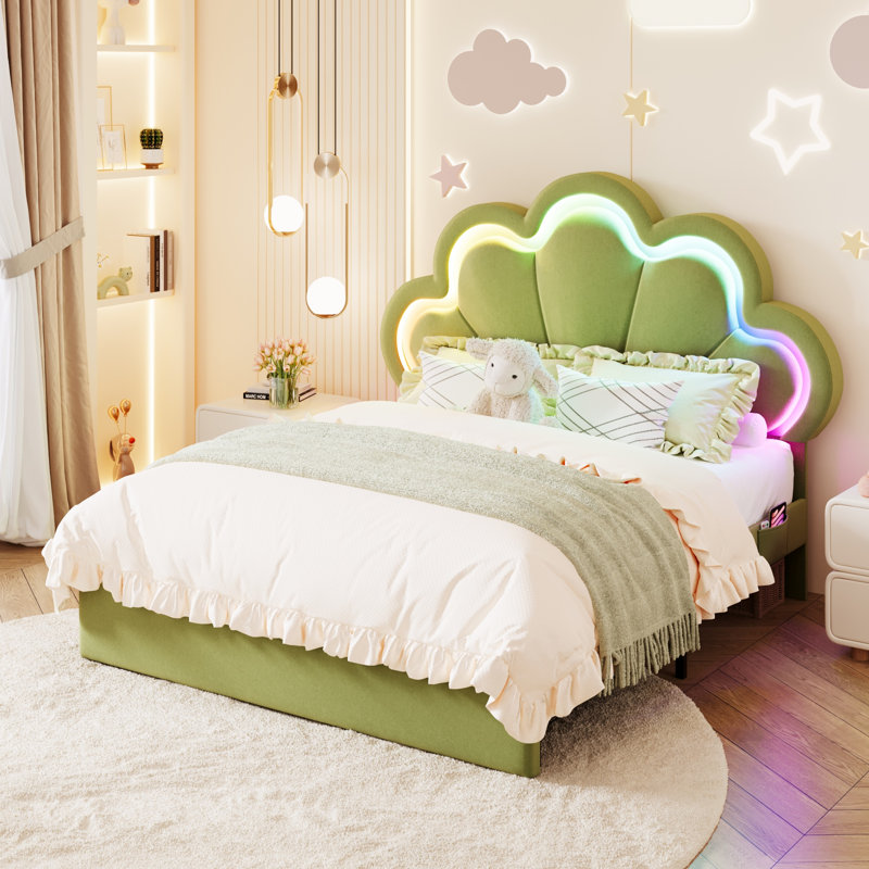Lit plateforme pour enfant en velours avec tête de lit réglable à DEL RVB en forme de pétale et tiroir de rangement pour chambre d'enfant