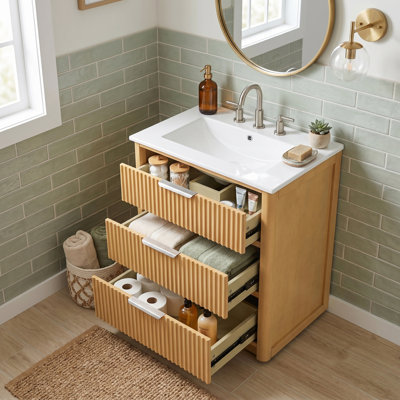 24" Modern Fluted Bathroom Vanity With Ceramic Sink