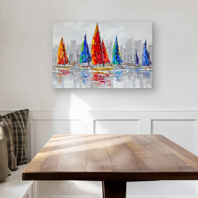 Boats Near Gray City - Contemporary Red Metal Print