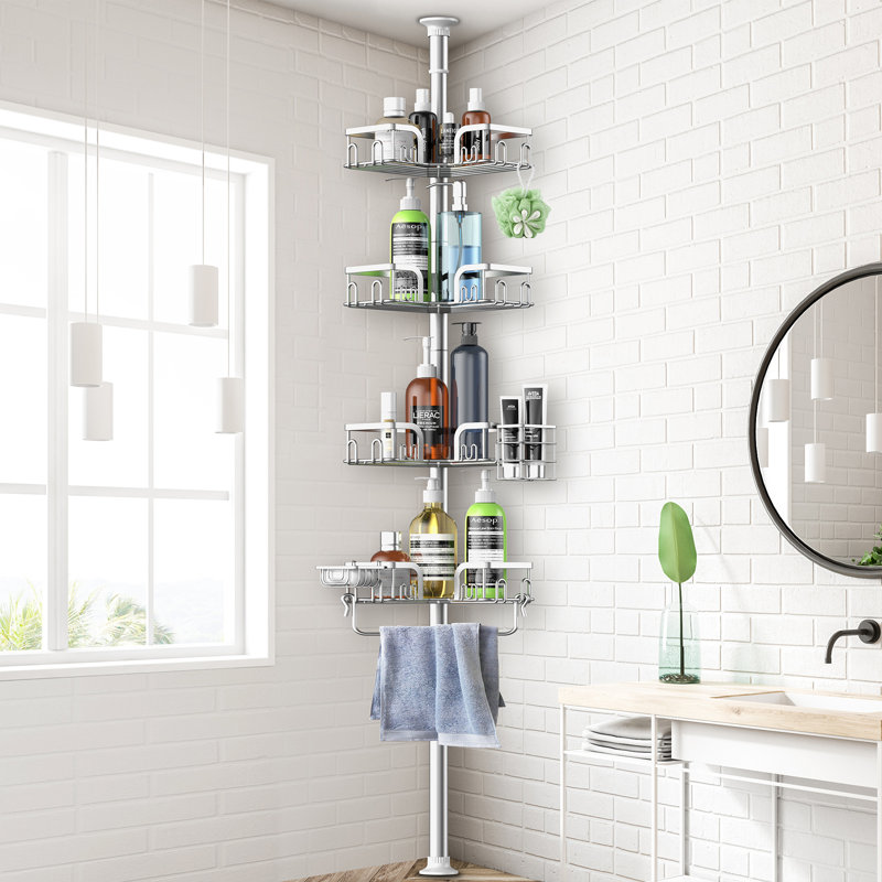 Serviteur de douche à 4 niveaux à poteau de tension en acier inoxydable argenté, organisateur d'angle à hauteur réglable pour baignoire et douche simple