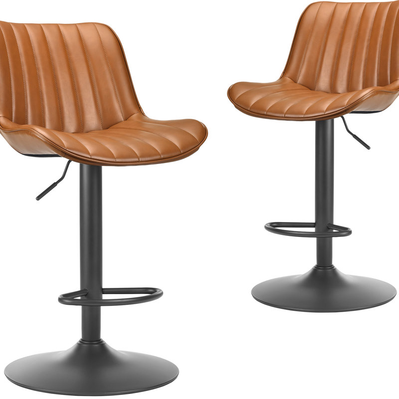 Tabourets de bar réglables et pivotants bruns de 2, hauteur de chaises en cuir PU avec support pour îlot de cuisine, design rustique moderne et stable