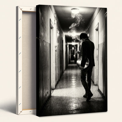 Homme dans un corridor avec un disque vinyle, tableau sur toile en noir et blanc