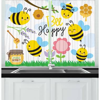 2 Piece Honey Bee Cartoon Style Illustration of A Bee Happy Garden Scene and An Organic Honey Jar Kitchen Curtain Set East Urban Home