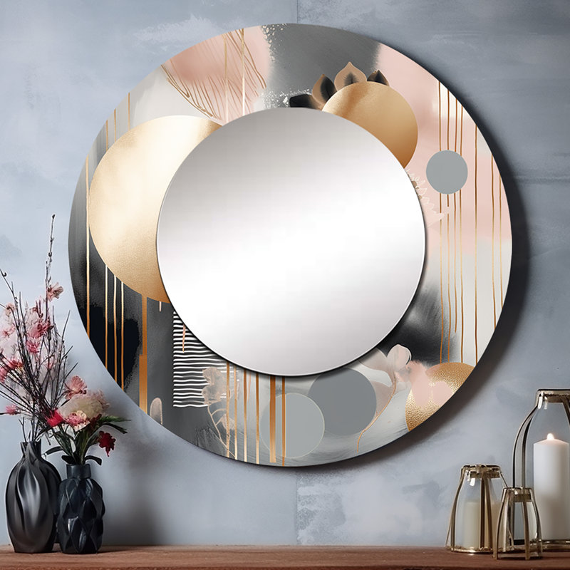 Phillistine couleurs douces formes et lignes marbre II - miroir unique en marbre, grand miroir mural rond rose, art imprimé en métal