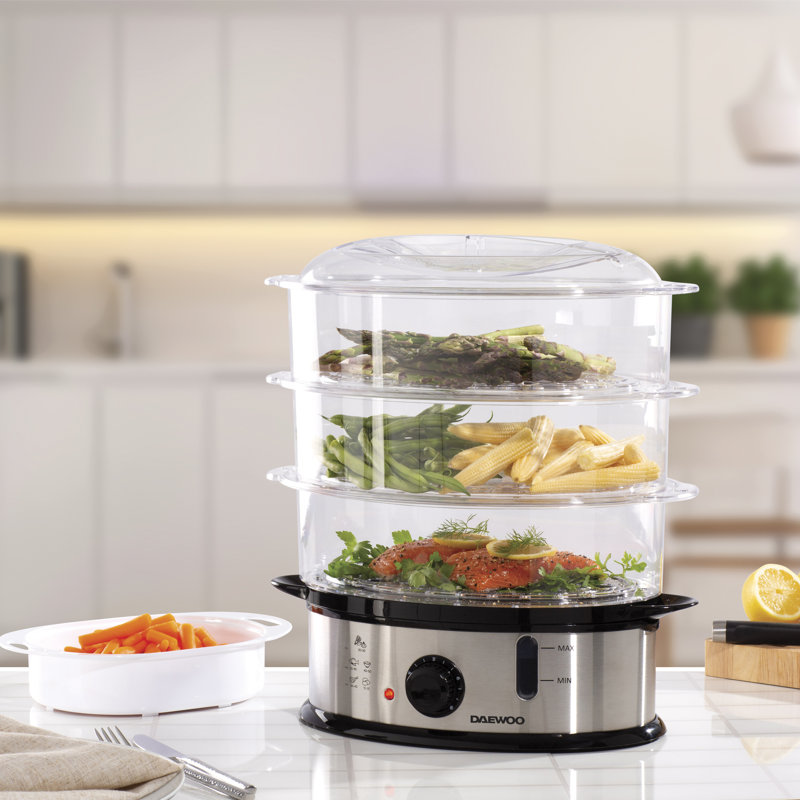 Daewoo Stainless Steel 3 Tier Food Steamer Electric Cooker With Rice Bowl For Vegetable Fish Meat Steam Cooking 9 Litre 1200W