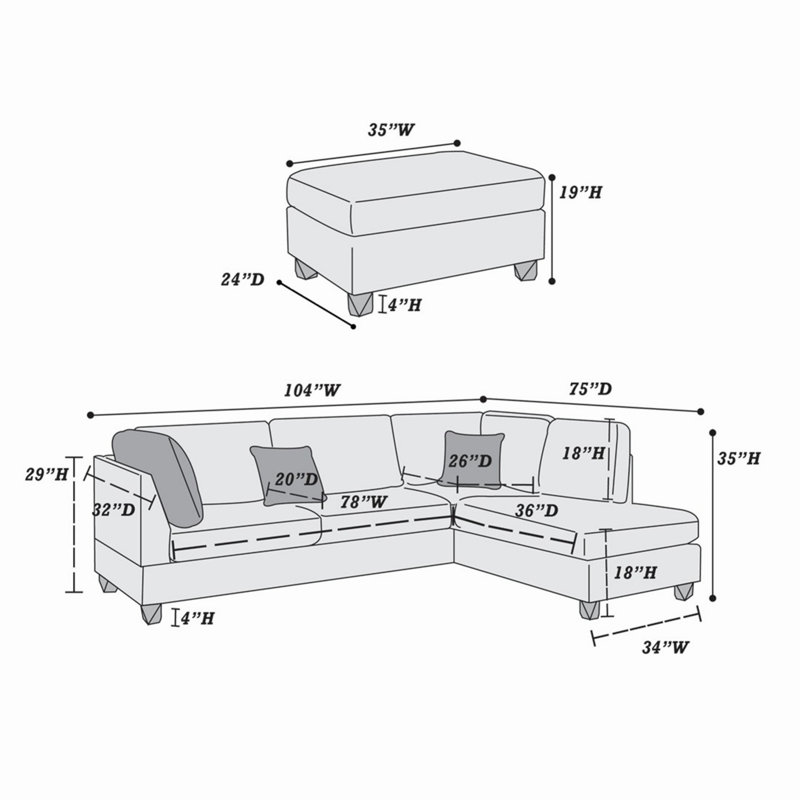Canapé modulaire avec repose-pieds et coussins décoratifs pour salon, appartement, bureau