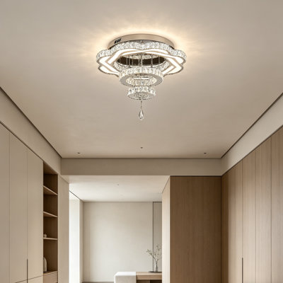 24 Inch Modern Crystal Chandelier, Dimmable 3-Ring LED Flush Mount Ceiling Light Fixture For Bedroom, Living Room, Dining Room & Hallway