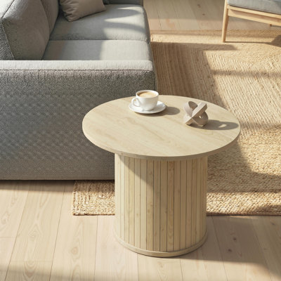 Round Coffee Table, 24" Centre Table w/ Slatted Column Base, Natural