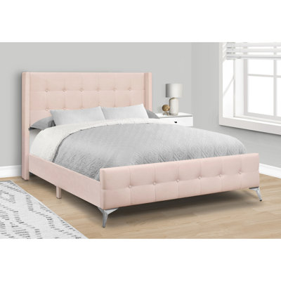 Glamorous Queen Size Bed In Pink Velvet With Button Headboard Detailing And Curved