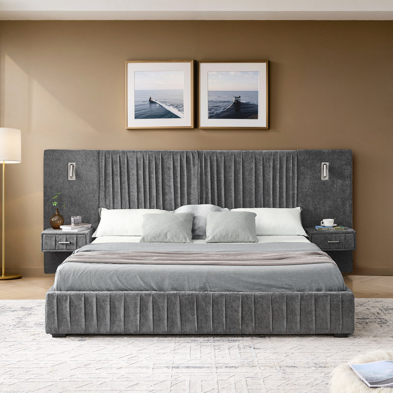 Queen Size Chenille Upholstered Bed With Bedside Table, Dark Gray