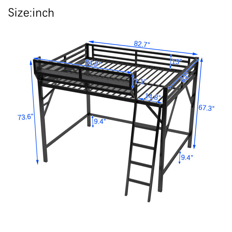 Queen Size Metal Loft Bed with Ladder, Storage Shelves & High Clearance, Space-Saving Kids and Teens Bunk Bed, Black, Black