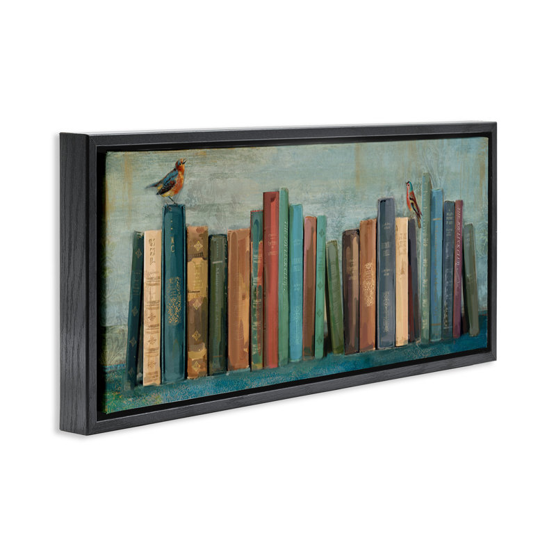 "Livres et oiseaux", peinture sur toile encadrée par Main Line Studio, Cadre flottant noir de jais, H 11 po x l 25 po
