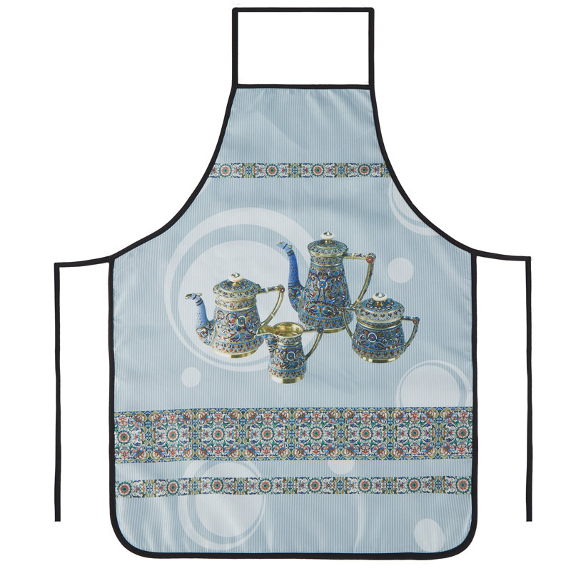 Vintage Baking Toile Chefs Cachet Pattern, Polyester Woven Printed Fabric, Blue Teapots, Standard Decorative Kitchen Bib Apron