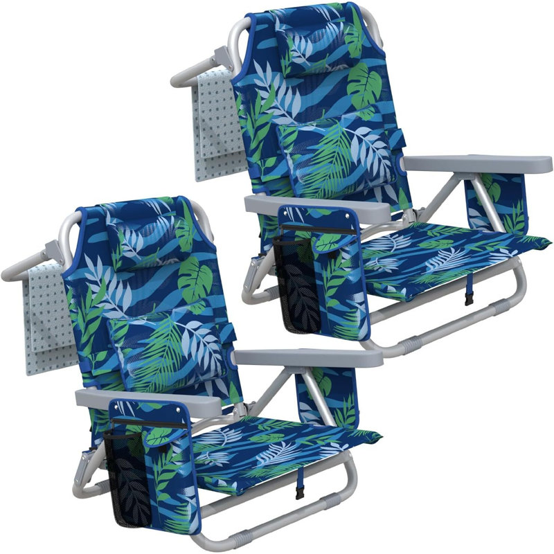 Chaise de plage à dossier inclinable, chaises de plage pliantes portatives avec 5 positions réglables, glacière intégrée et sangles de sac à dos
