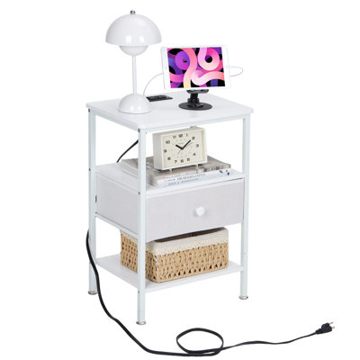 End Table With Charging Station, Slim Nightstand With Fabric Storage Drawer, Wood Side Table For Small Space, Living Room, Bedroom