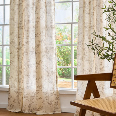 Taupe Floral Linen Curtains 84 Inch