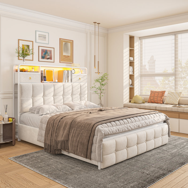 Cadre de lit double moderne rembourré avec lumières DEL, station de recharge et 6 tiroirs, Lit double, Beige