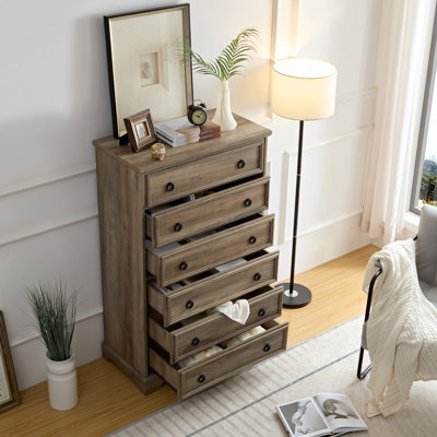 Grande commode de chambre à coucher - 6 tiroirs et coffre-fort, intérieur gris avec tiroir lavable, assemblage facile, L 29,2 po x H 49,41 po