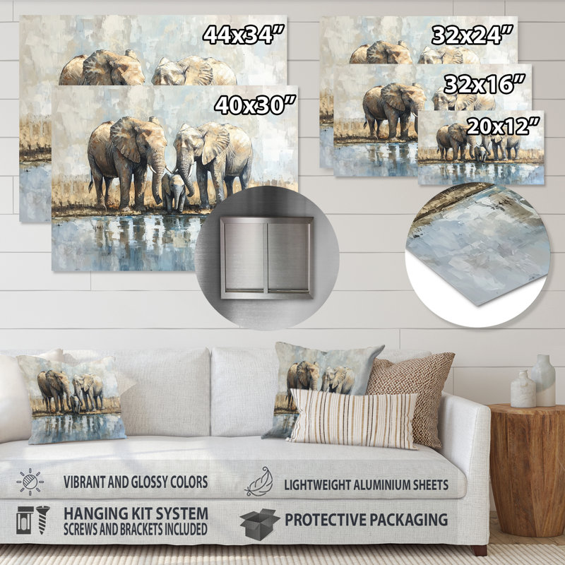 «Elephant Family At The Watering Hole II», impression murale en métal, éléphant, H 30 po x l 40 po