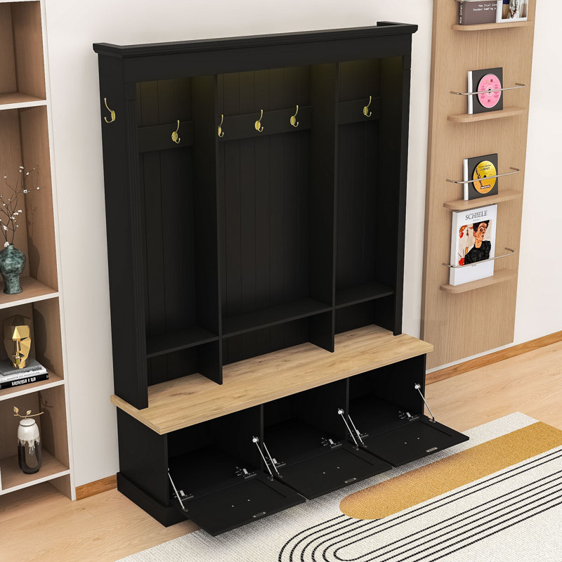 Elegant Hall Tree with Shelves, Hooks, LED Lighting and Bench Seating for Entryway, Black