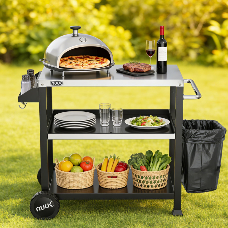 Chariot de table de préparation pour l'extérieur en acier inoxydable 32 "avec roulettes, chariot à deux tablettes pour barbecue, patio et cuisine extérieure