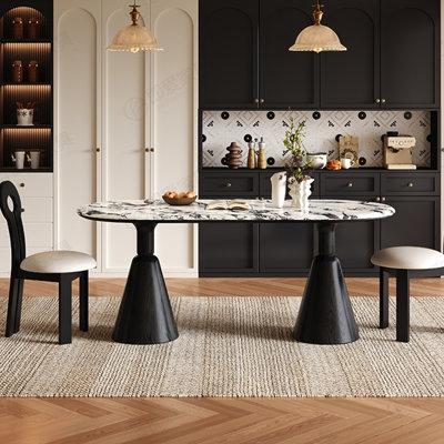 70.87"Modern Light Luxury Oval Sintered Stone Dining Table with Black Tapered Iron Legs – Minimalist Table for Living Room Dining Room
