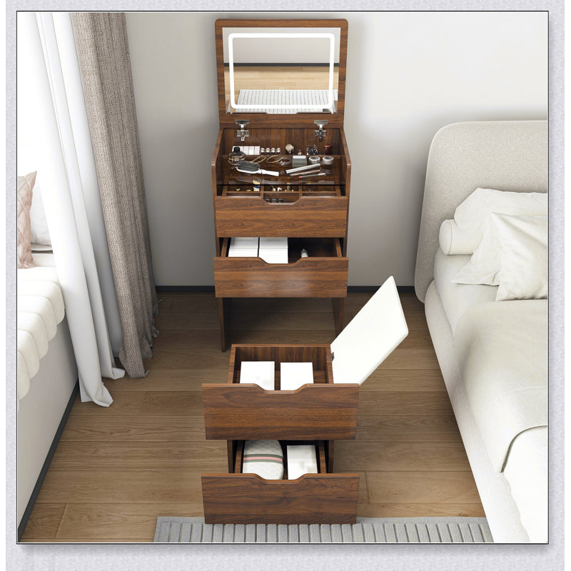 Bureau de coiffeuse 3 en 1 avec miroir éclairé et tabouret, table de maquillage à plateau rabattable, rangement compact pour les petits espaces