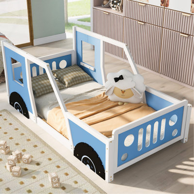 Twin Size Classic Car-Shaped Platform Bed With Wheels,Blue