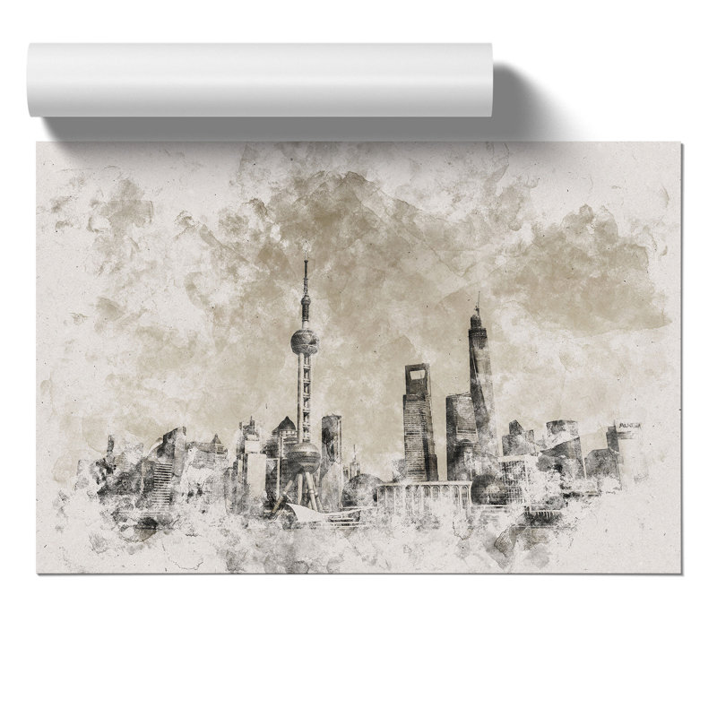 Shanghai Skyline Watercolour - Frameless Print, 59cm H x 84cm W x 0.1cm D