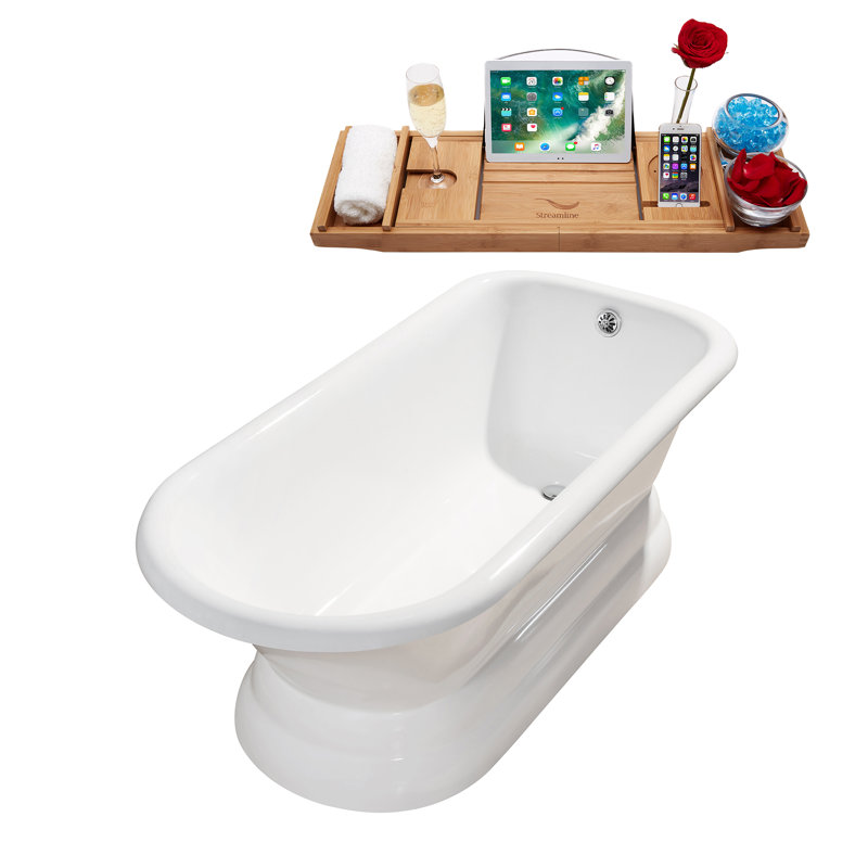Baignoire de trempage autoportante 66 "avec plateau en bambou 66" Streamline, Chrome poli