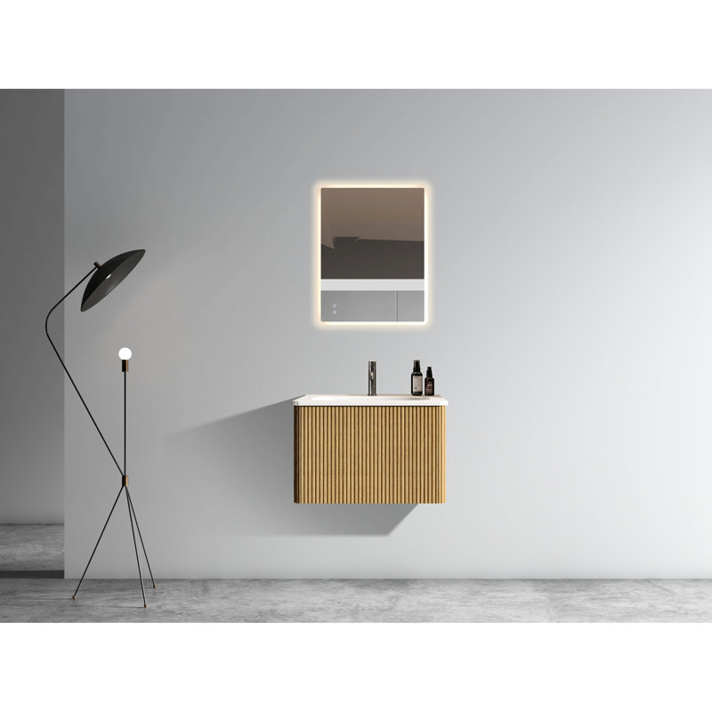Meuble-lavabo de salle de bain de style moderne 24 po avec rebords courbés à fixation murale en chêne naturel rayé et en céramique blanche pour option de tiroir à ouverture par pression