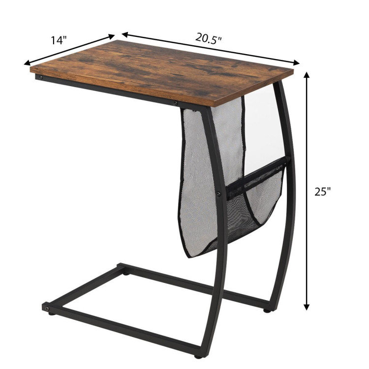 Table de bout rétro en forme de C avec poche latérale et structure en métal, brun rustique
