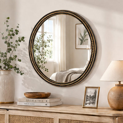 Gold Beaded Frame Round Decorative Wall Mirror MDF Glass Resin For Living Room Bedroom Bathroom