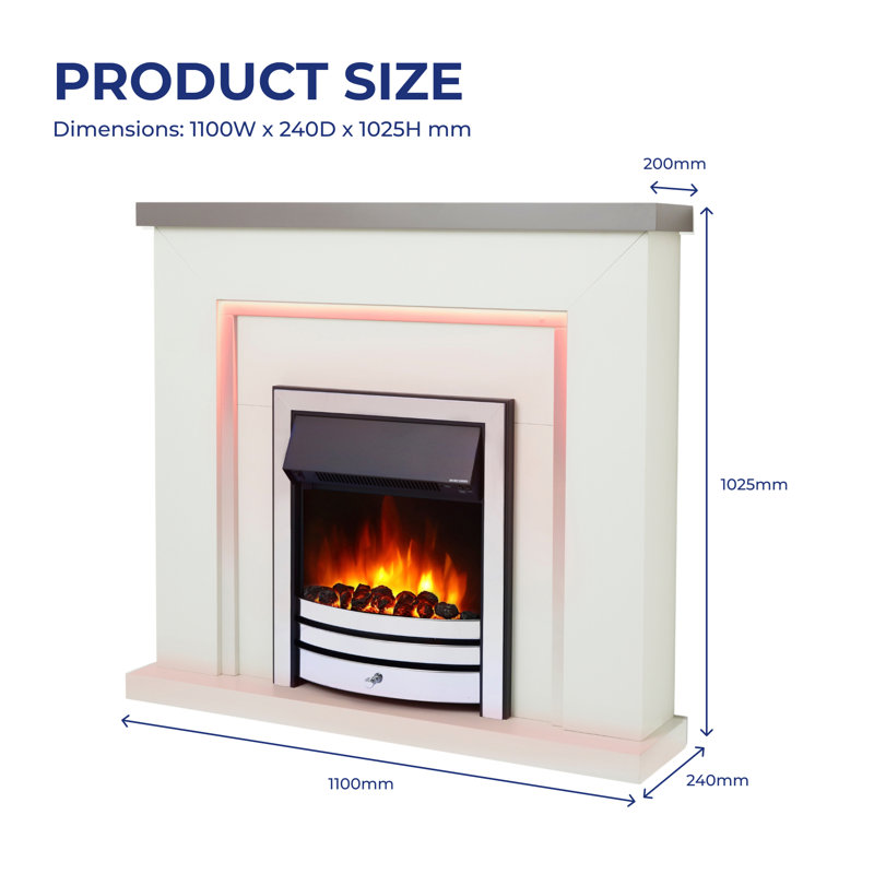 Castleton Fires & Fireplaces 110cm W Electric Fireplace with 6824.28 BTU, White/Grey/Chrome