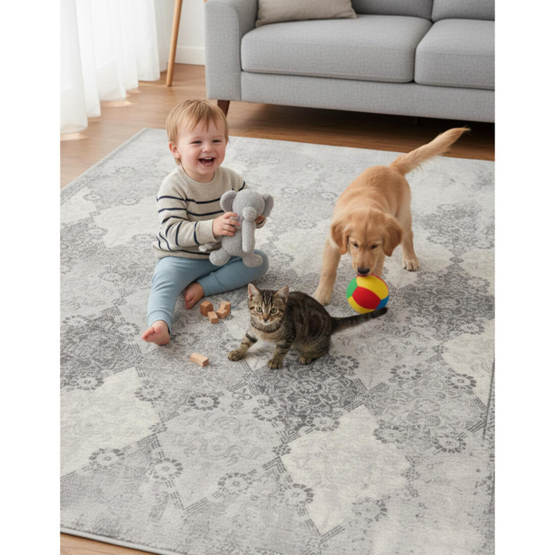Rug Branch Nazira 8' x 11' (7'9" x 10'8") Grey/Beige Damask Indoor Area Rug, Contemporary, Low Pile, Stain-Resistant Carpet - Living Room, Bedroom, Dining Room, and Kitchen