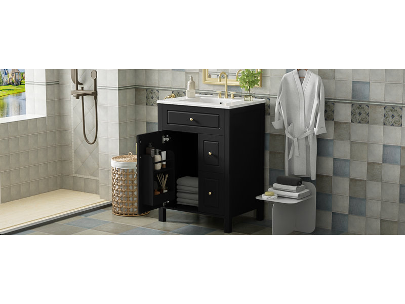 Meuble-lavabo de 24 po avec lavabo en céramique, Noir
