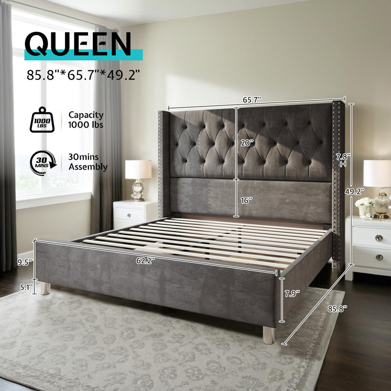 Duluth Upholstered Wingback Bed, Queen, Gray