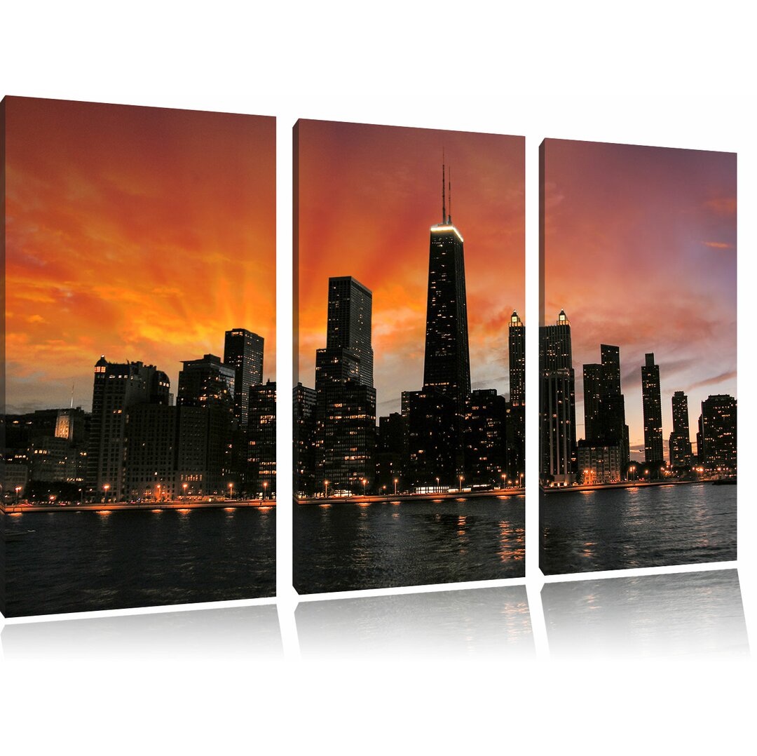 3-tlg. Leinwandbilder-Set Wunderbare Chicago-Wolkenkratzer-Silhouette bei Sonnenuntergang, Fotodruck