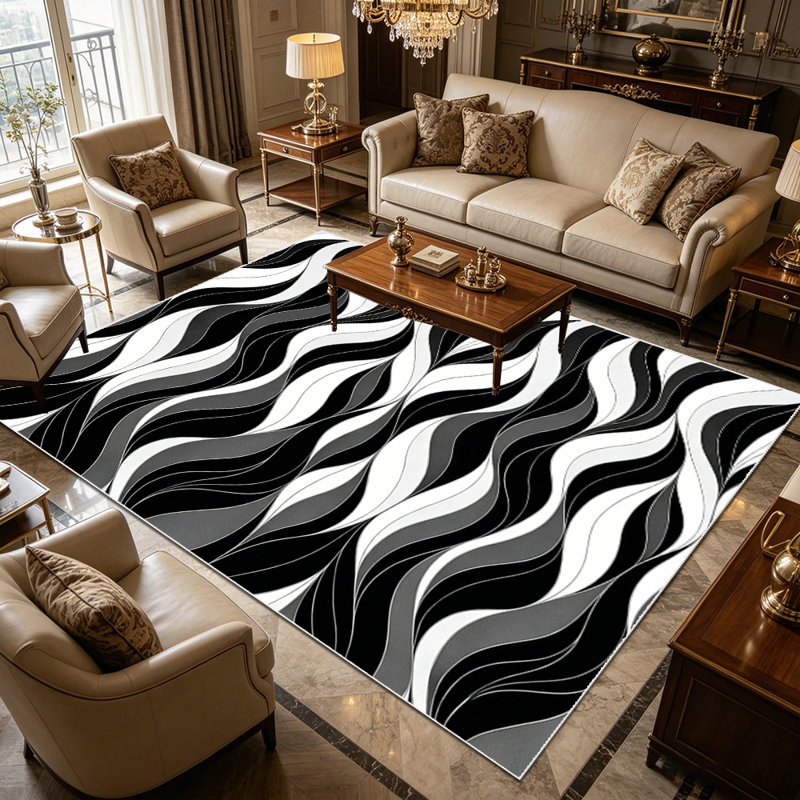 1PC black white gray wavy stripe area rugs for Living Room, Soft, All seasons, Easy-maintain, Washable Indoor mat, Farmhouse suitable for dining room, bedroom, entryway, kitchen, patio, Home Decor, Outdoor Decor.