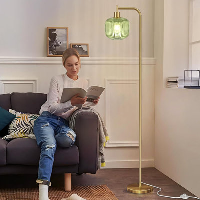 Glass Floor Lamp For Living Room, Modern Standing Lamp With Ribbed Glass Lampshade Pedal Switch, 67” Tall Lamp For Bedroom Study Room, Brushed Gold (2700K LED Bulb Included)
