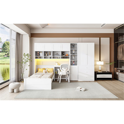 Lit plateforme simple en bois avec bureau, armoire, armoires, tiroirs et tablettes, blanc