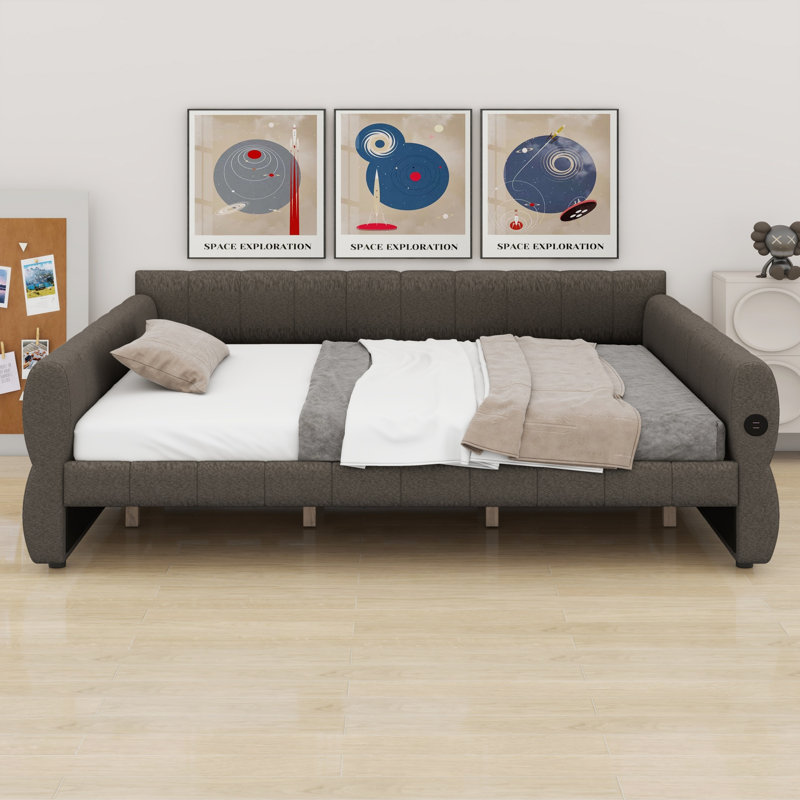 Sturdy Upholstered Platform Bed Frame with USB Charging, Gray