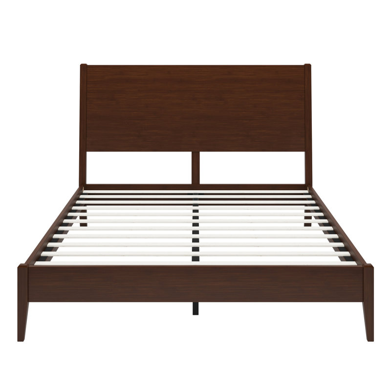 Structure de lit plateforme en bois de bambou massif de style Mid-Century moderne avec lattes de bois et support en métal, aucun sommier nécessaire, assemblage facile, chocolat