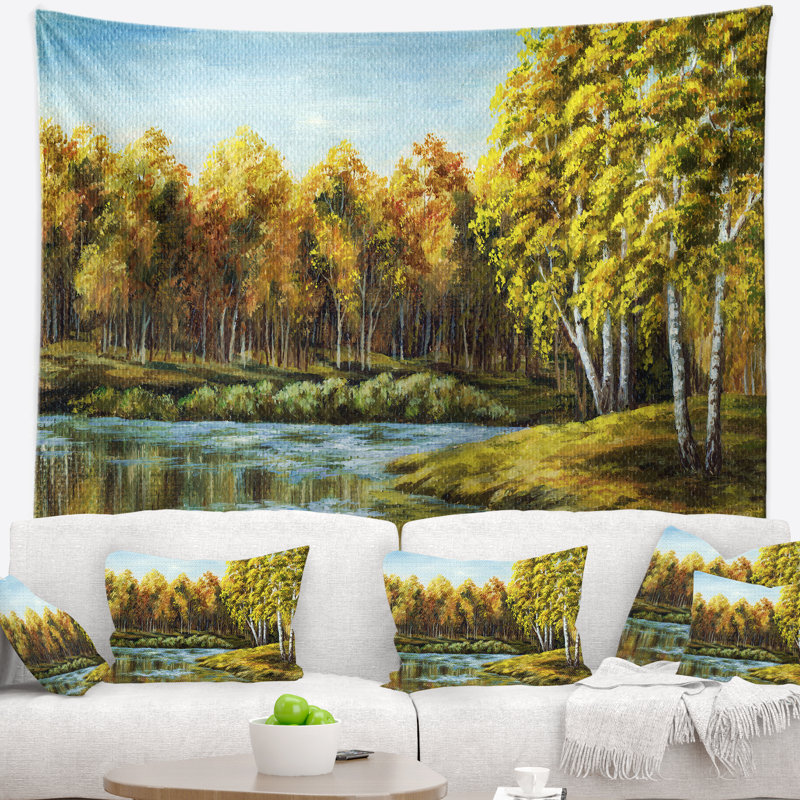 Tapisserie de paysage vert automne lac, H 32 po x l 39 po
