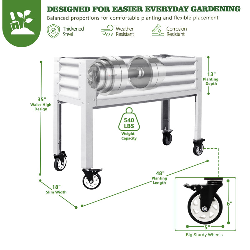 Jardinière mobile surélevée Anleolife 48" x 18" x 35", en acier galvanisé sur roues, Blanc