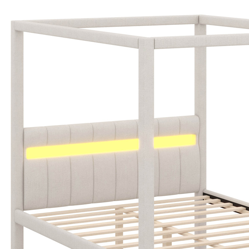 Grand lit plateforme à baldaquin tapissier avec lumières DEL et tête de lit