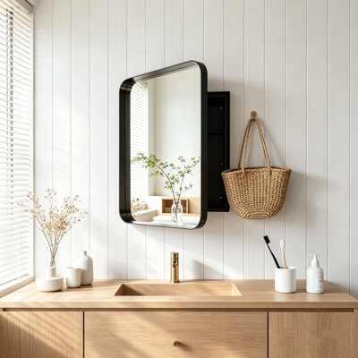 Armoire à pharmacie encastrée avec cadre métallique et miroir, 40,6 x 61 cm, armoire murale de salle de bain avec 2 étagères réglables en verre trempé, noir mat