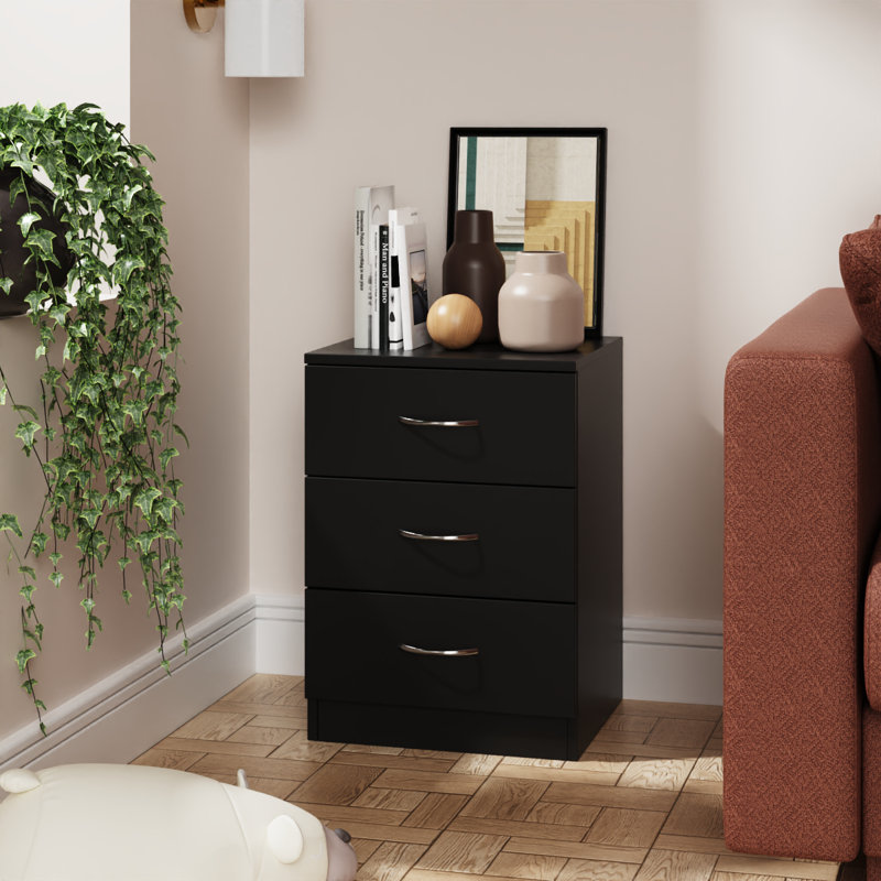 Deloni 3 Drawer 40Cm W Chest of Drawers Nightstand Bedside Cabinet, Black