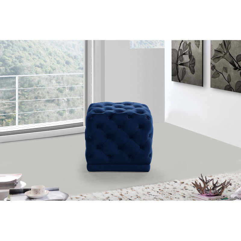 Stella 18" Wide Velvet Tufted Square Cube Ottoman, Navy Velvet