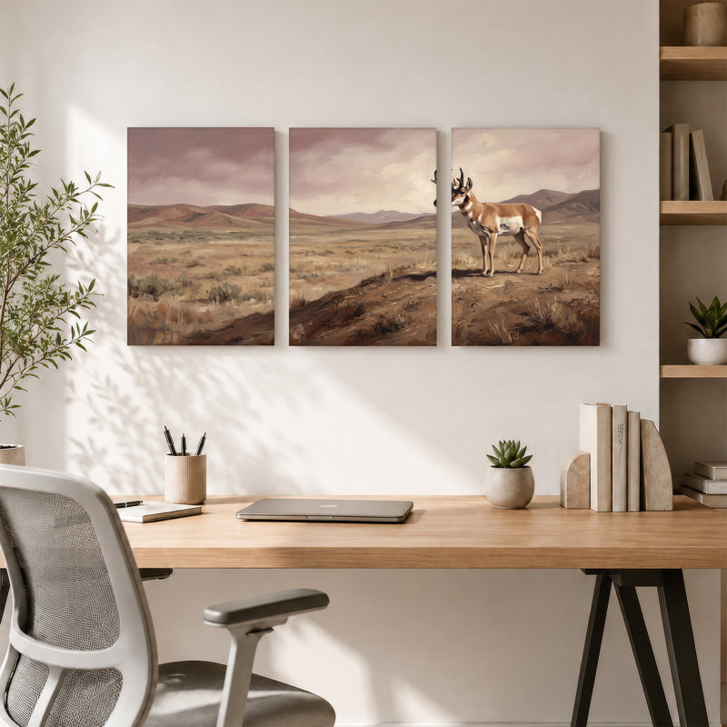 "Antilope de Pronghorn" peinte sur fond de montagnes, H 36 po x l 24 po x 3 pièces